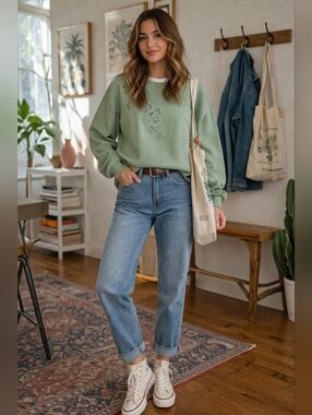 Blair Sage Green Vintage Sweatshirt Embroidered Floral Pullover Large